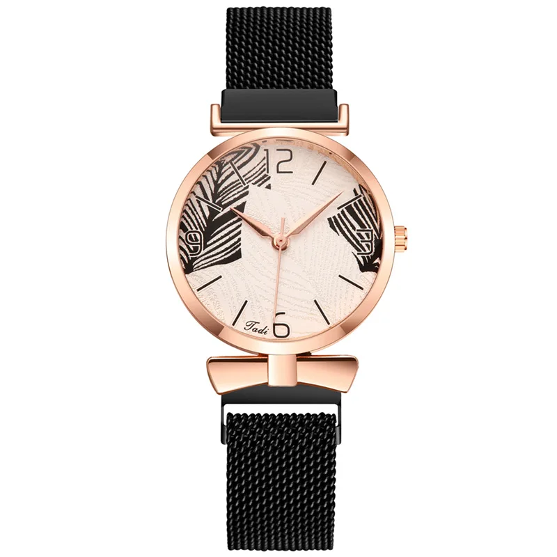 

Fashion Women's Watch Magnetic Band Quartz Clock Leaf Pattern Strap Simple Digital Ladies Bracelet Watch Wrist Dress Party