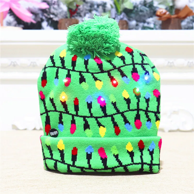

1 Pc Led Xmas Knitted Hat For Women Christmas Santa Beanie Light Up Winter Family Party Gift Warm Diy Pom Poms Adult Caps