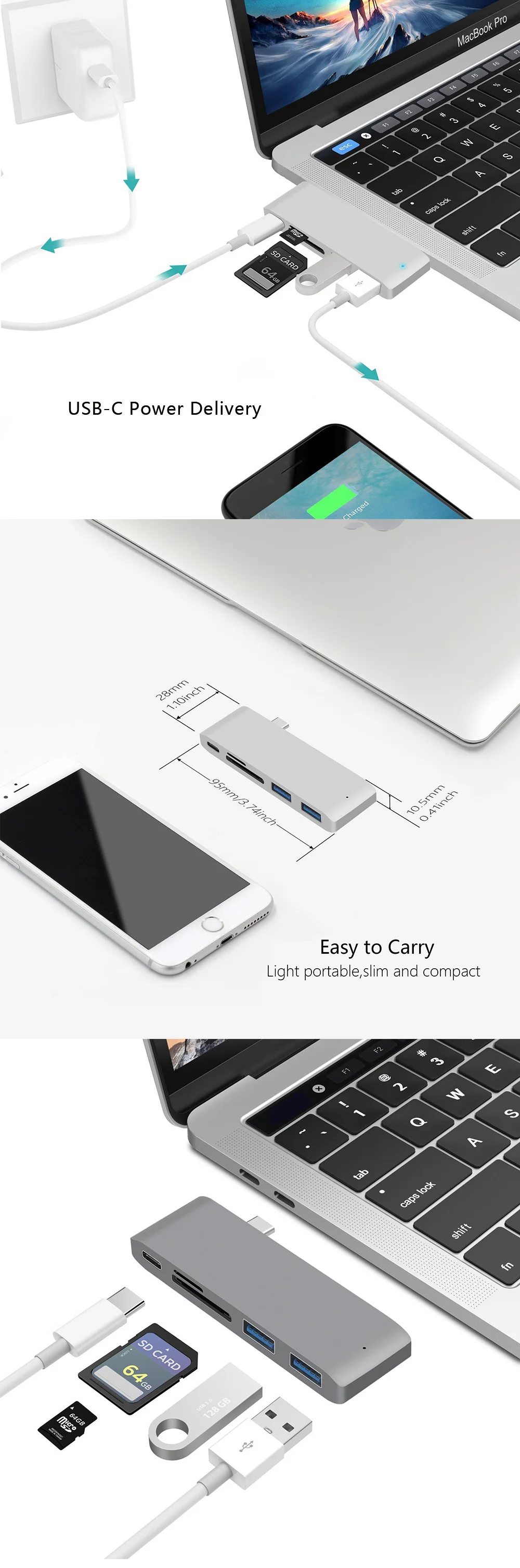 USB C концентратор мульти-концентратор с SD кард-ридером Алюминиевый USB 3,0 концентратор Тип C 5 в 1 для MacBook ноутбука рабочего стола