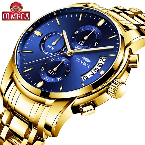 OLMECA Relogio Masculino мужские часы Роскошные спортивные часы 3ATM водонепроницаемые часы с хронографом наручные часы из нержавеющей стали ремешок Saat - Цвет: Whole Gold Blue