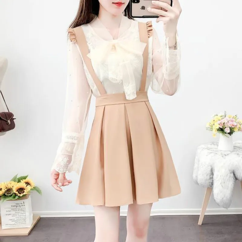 

2021 Women Spring Autumn Casual 2 Piece Set Lady Lace Up Hollow Out Top + Pleated Slip Dress Sets Female Elegant Loose Suit D327