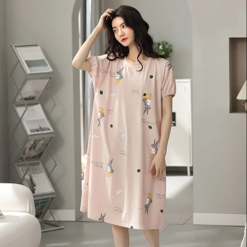 

Loose nightdress women's pure short-sleeved pajamas skirt cotton summer wear round neck can be worn outside cute home wear