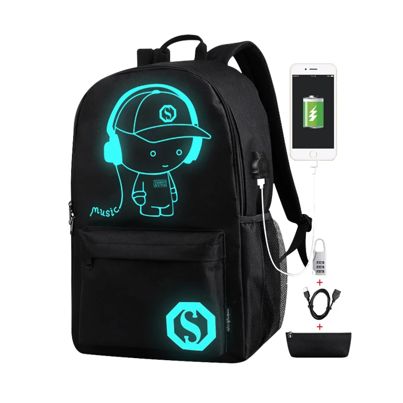 Аниме мультфильм светящиеся рюкзаки с usb зарядным портом и противоугонным замком