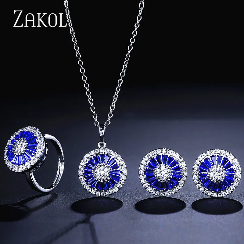 Blue 3 Pcs Set ZAKOL высокое качество CZ Кристалл Женская мода ювелирные изделия блестящий круглый кубический циркон ожерелье серьги кольцо ювелирные изделия для невесты набор FSSP2013 - Окраска металла: Blue 3 Pcs Set