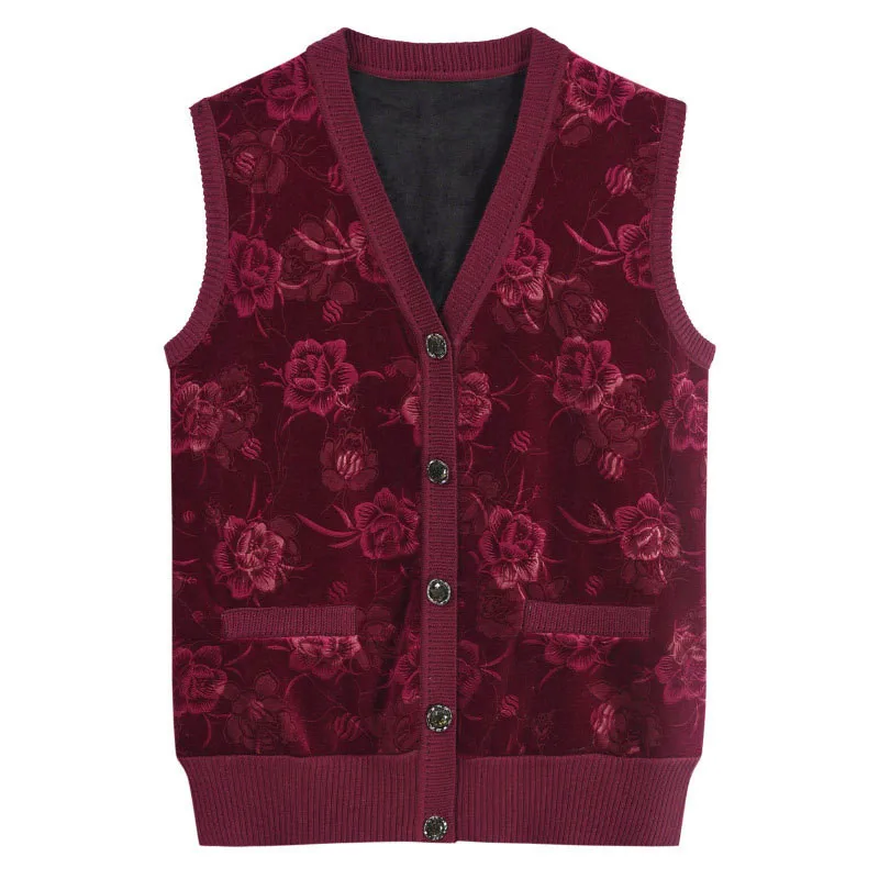 

XL-4XL Middle-Aged Elderly Autumn Winter Women's Vest Outer Wear Oversized Knitted Vest Plus Velvet Waistcoat Colete Feminino