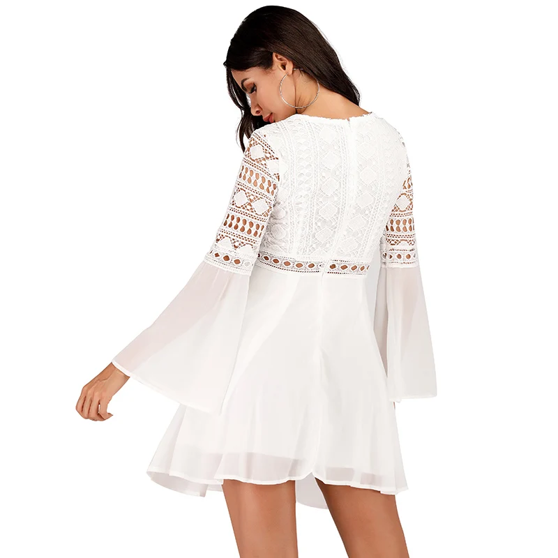 Elegant Ladies Party Dresses Women Mini Dress Criss Cross Bandage Lace Semi-sheer Plunge V-Neck Long Sleeve Ruffle female | Женская