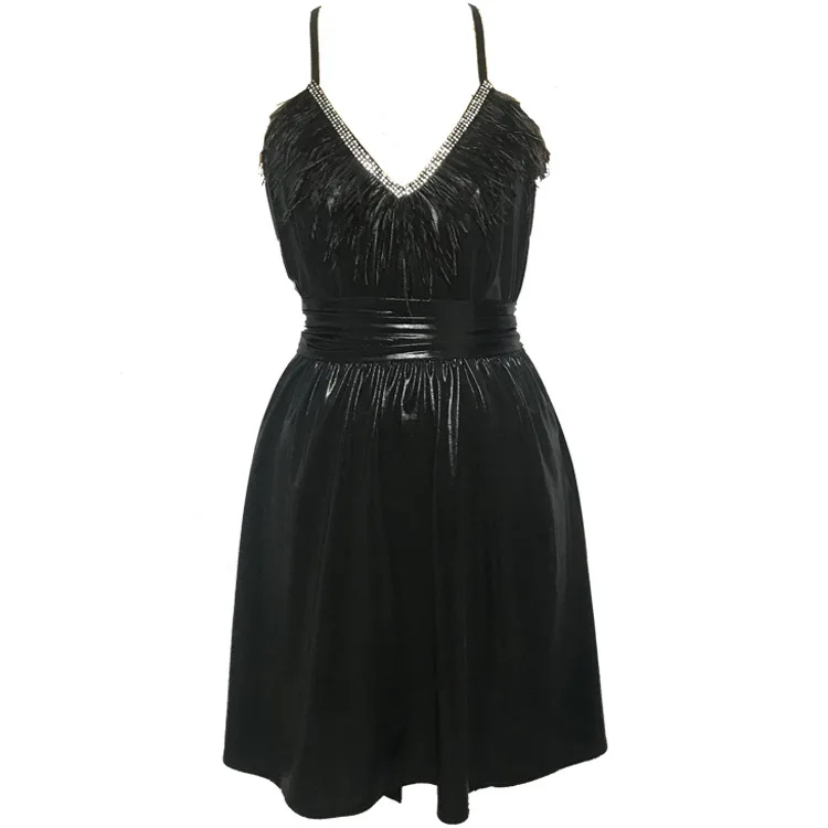

BacklakeGirls 2020 Sexy V Neck Spaghetti Strap PU Leather Feather Party Dress Sash Waist Short Cocktail Dress Club Vestidos