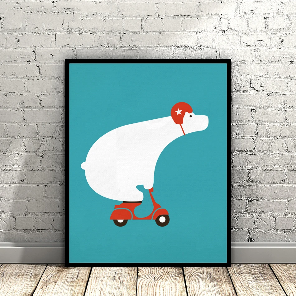 Скандинавская Картина на холсте домашний декор мультфильм мотоцикл медведь