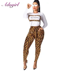 Женский леопардовый костюм Adogirl, комплект из двух предметов с буквенным принтом, повседневный укороченный топ с длинным рукавом и брюки-карандаш, спортивный костюм