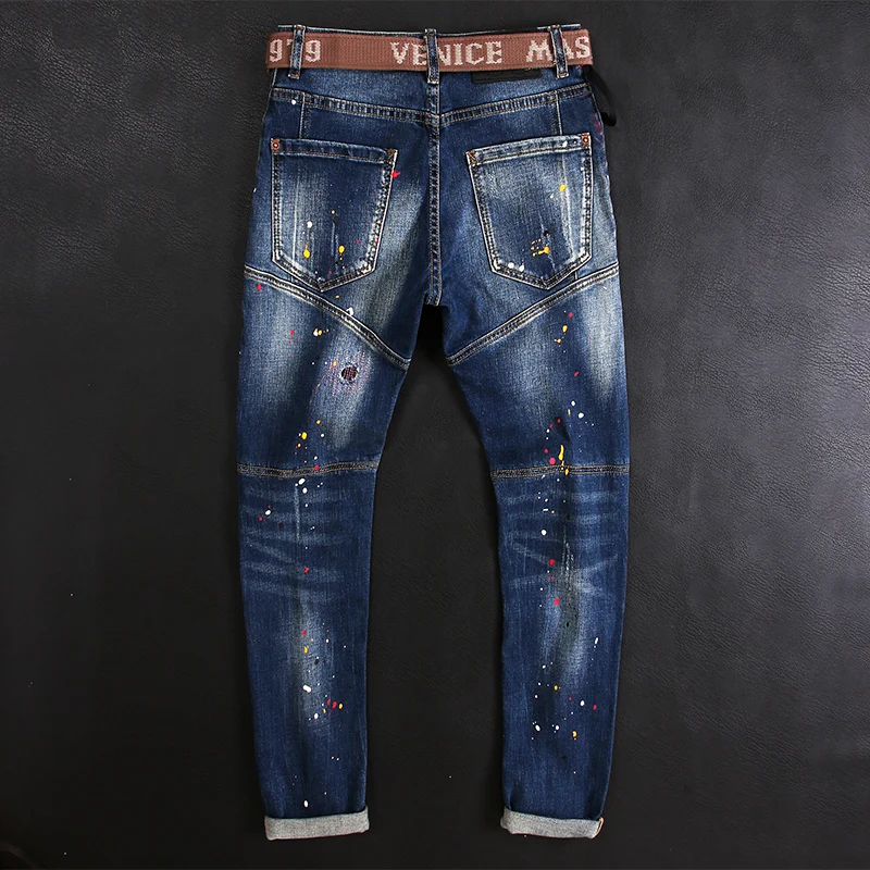 European American Fashion Men Jeans Retro Blue Elastic Slim Fit Ripped Jeans Men Street Splashed Painted Designer Hip Hop Pants