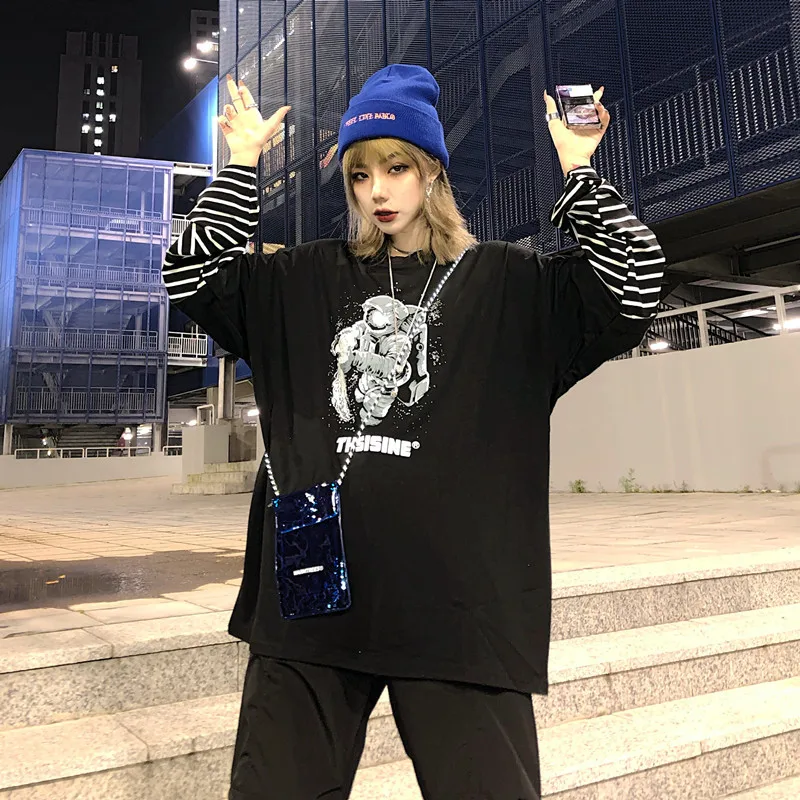 Lychee Girls Astronaut Women T Shirt Top Tee Stripe Fake 2 Pieces Women T-shirts Top Tees Patchwork Crew Neck Women T Shirts