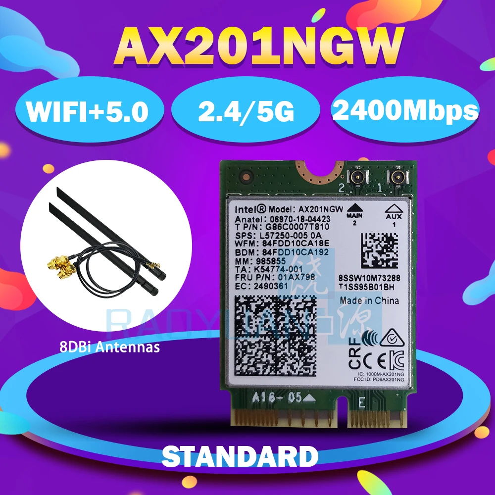 Dual Band 2400Mbps Wireless For Intel Wi-Fi 6 AX201 Bluetooth 5.0 NGFF Key E CNVi Wifi Card AX201NGW 2.4Ghz/5Ghz 802.11ac/ax | Компьютеры