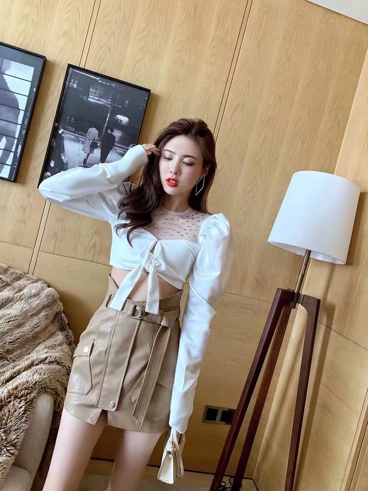 Женские топы и блузки с пышными рукавами высокой талией белая блузка корейская