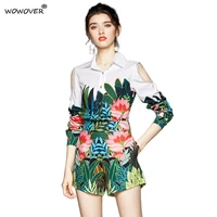 summer fashion runway 2 piece suit elegant lady office party outfits floral off the shoulder shirt top with shorts set for women