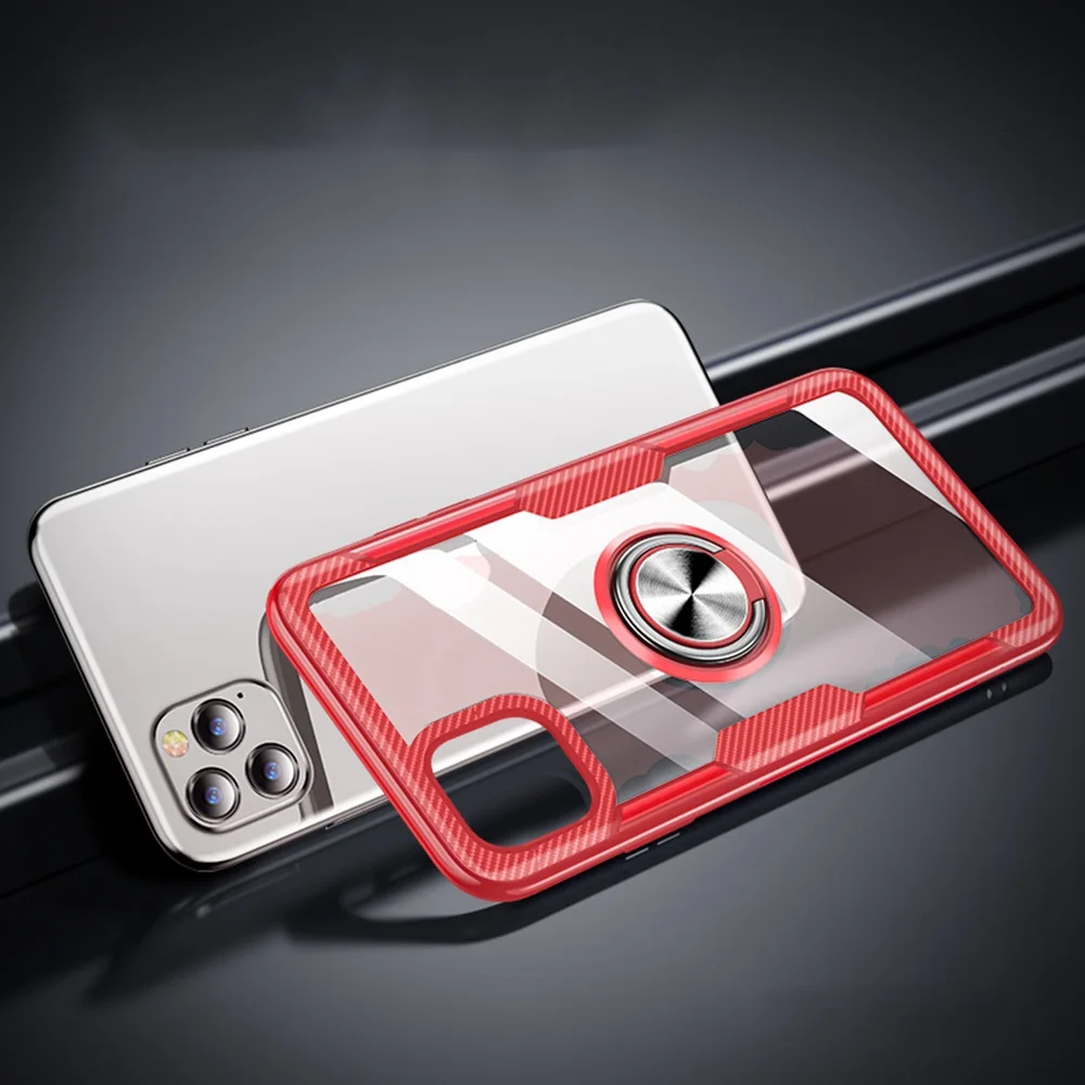 Red Для iPhone 11 Pro MAX чехол прозрачный закаленное стекло задняя крышка для iPhone XS XR X 8 7 6 6S Plus автомобильный магнитный держатель для колец чехол - Цвет: Red