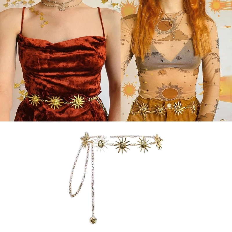 

Gothic Punk Women Girls Skinny Belt Vintage Harajuku Bohemian Metal Sun Pendant Charm High Waist Chain Beach Party Body