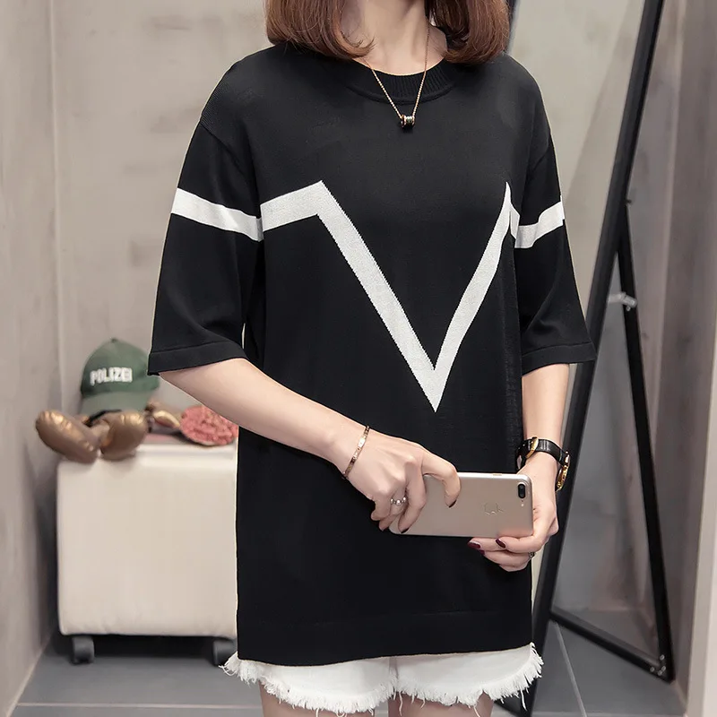 

Autumn women's thin street style short-sleeve knitting sweater female Patchwork color section half-sleeve Casual tops pullovers