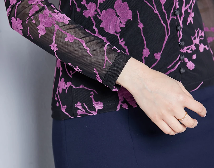 blusas mujer de moda autumn print long sleeve camisa V-neck purple mesh shirt blouse women tops plus size casual blusas