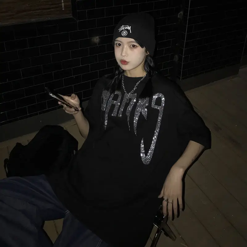 

Hip Hop Women's Medium Long Letter Printed T-Shirt Summer Street Style Loose Round Neck Sleeve Tshirt Oversized Tees TS045