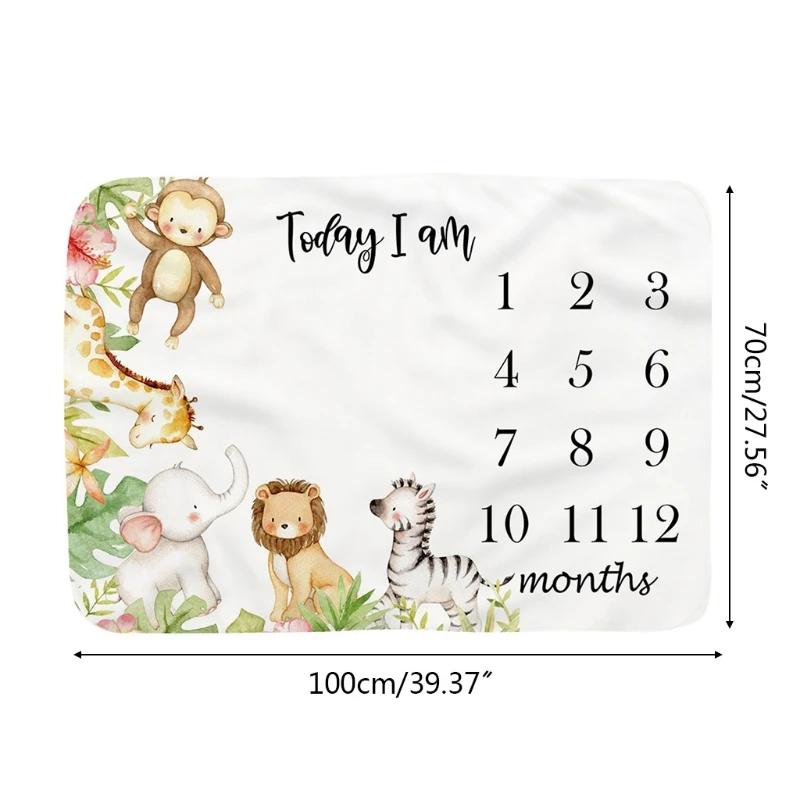 

Baby Monthly Record Growth Milestone Blanket Newborn Soft Flannel Cartoon Animal Printed Swaddle Wrap Photography Props G99C