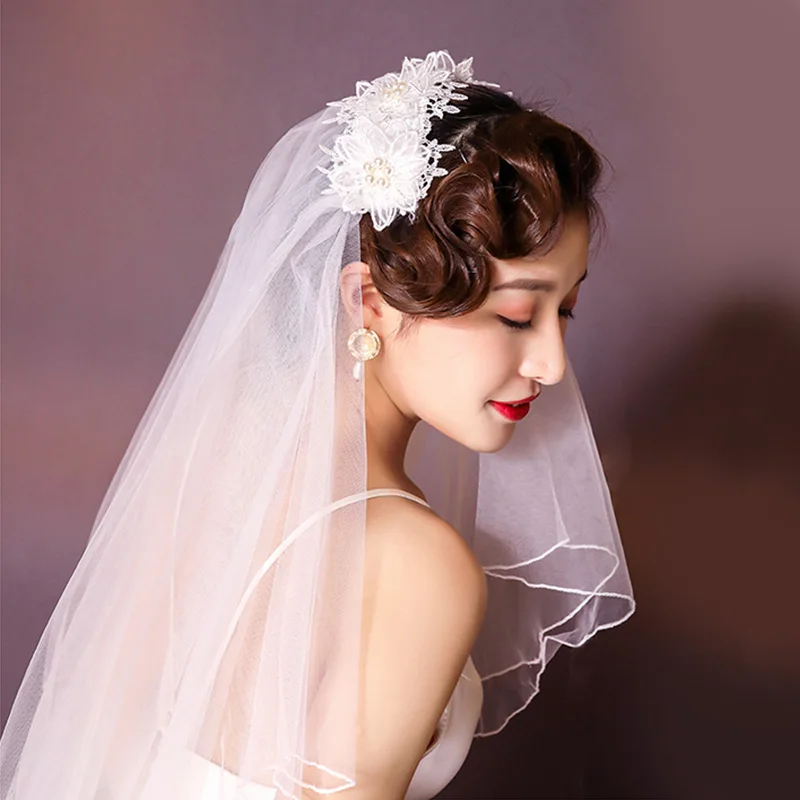 

Pearl Veils Two Layers Short Tulle Veil Wedding White Bridal Veil Without Comb Mariage Vail Veu De Noiva Weeding Accessorie