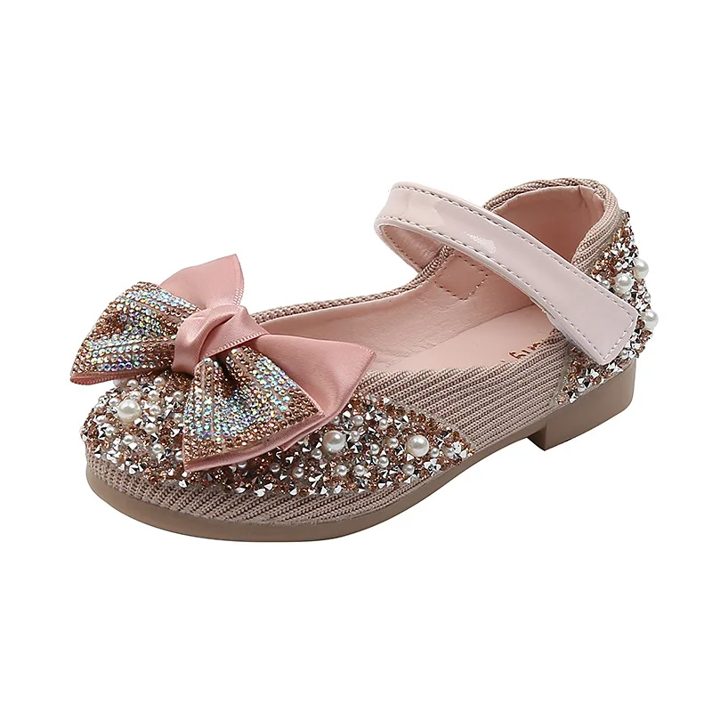 

New Children Leather Shoes Rhinestone Bow Princess Girls Party Dance Shoes Baby Student Flats Kids Performance Shoes