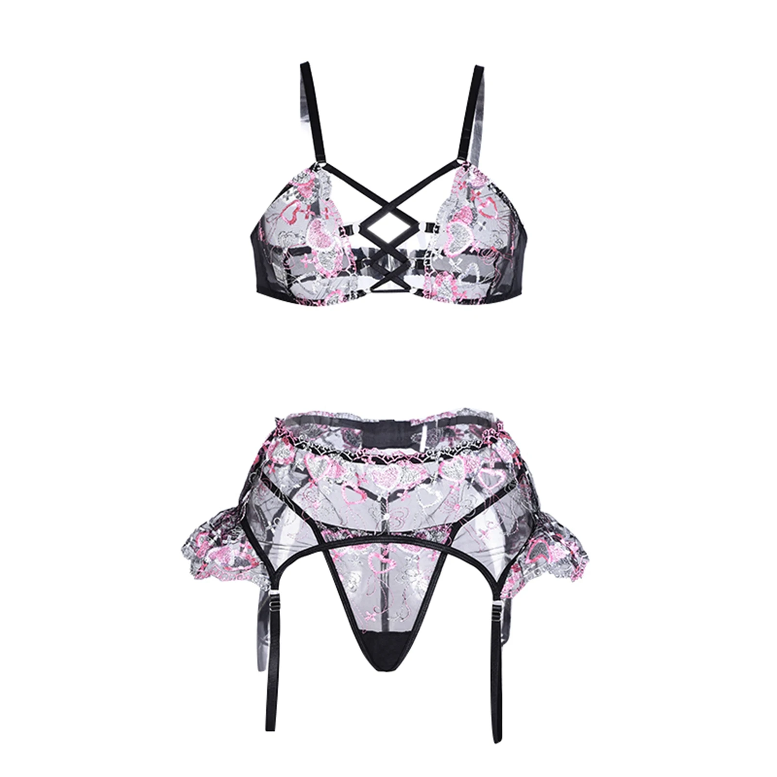 

Women Lingerie Set Embroidery Sheer Spaghetti Strap Bra Thongs Waistband Garters Suit for Girls