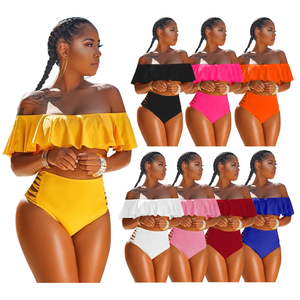 

2021 summer fashion ladies beach bikini solid color sexy one-shoulder swimsuit two-piece