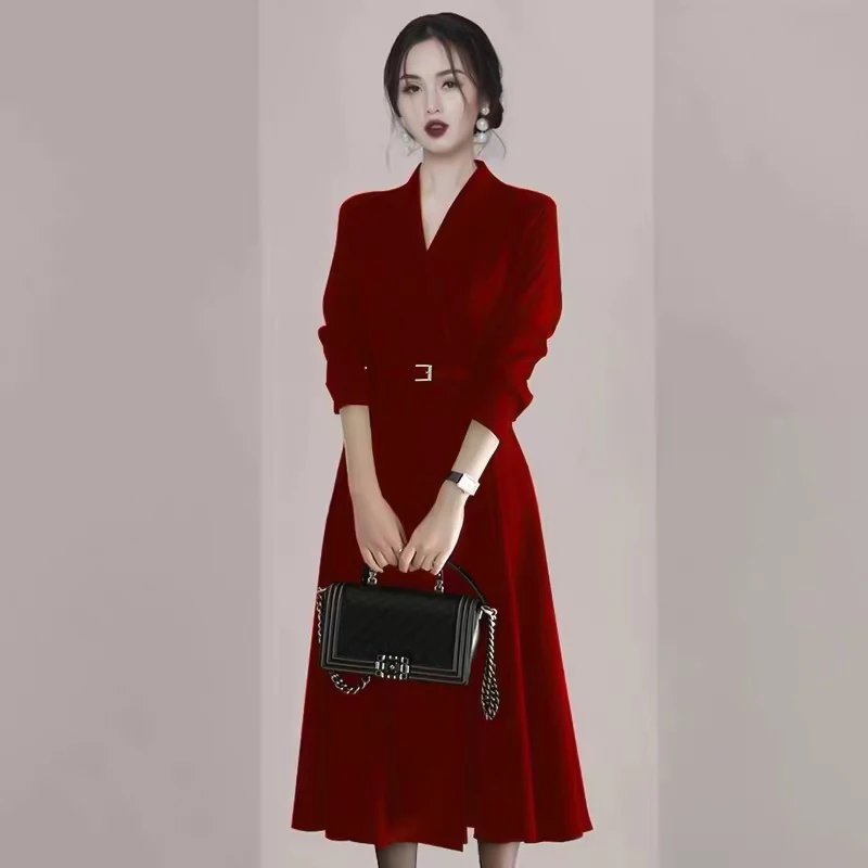 

Korean Temperament High End OL Office Woman Long Dress Female 2021 Spring Notched Collar Long Sleeved With Belt Big Swing Dress