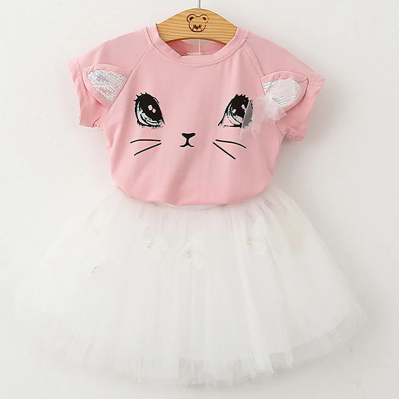 AZ172 Pink Bear leader/комплекты одежды для девочек Новая летняя детская одежда с милым рисунком кота костюм из топа и юбки для маленьких девочек Сетчатое платье - Цвет: AZ172 Pink