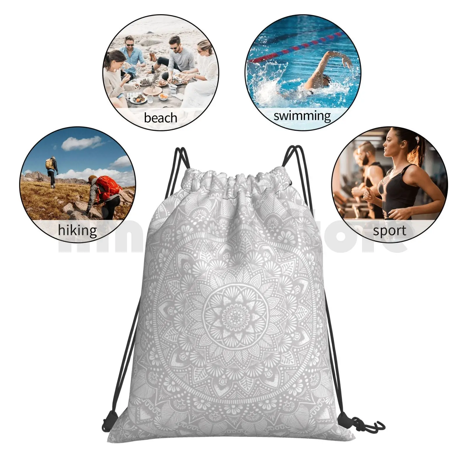 

Mandala Backpack Drawstring Bag Riding Climbing Gym Bag Mandala Pattern Grey And White Zentangle Zen Doodle Zen Anna Markus