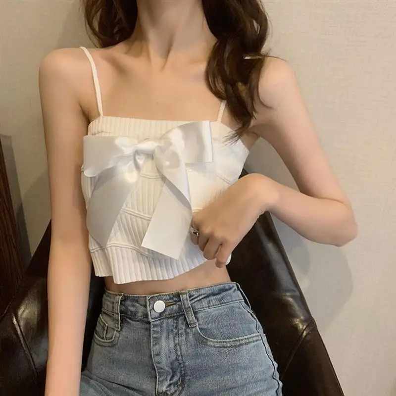 

Летние съемный бант трикотажные укороченные топы для женщин с лямкой на шее фитнес плотное бюстье обтягивающая футболка укороченные Майки ...