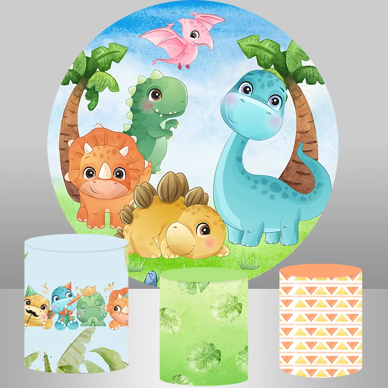 

Cute Cartoon Dinosaur Party Round Backdrop Cover Kids 1st BirthdayCircle Photography Background Plinth Covers Customized