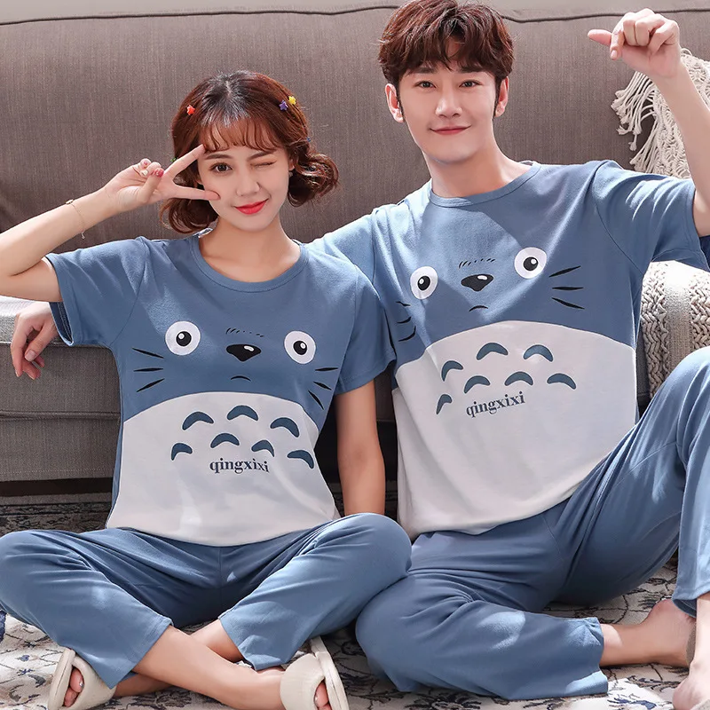 Couple Pajamas Sets Summer Cotton Short Sleeve Trousers Cartoon Women's Nightgown & Sleepstirts Thin Men's Large Size Home Wear