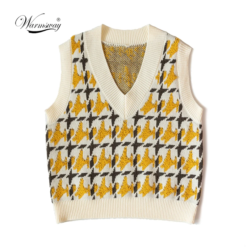 

Houdstooth Plaid V Neck Knit Waistcoat Jacquard Sweater Vest Women Spring Autumn Loose Vest C-020