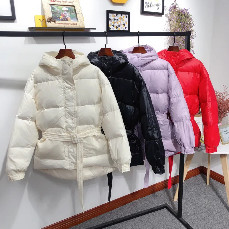 

Winter Ultra Light Women Down Jacket Warm White Duck Down Hooded Parkas Female Single Breasted Snow Outerwear with Belt Style