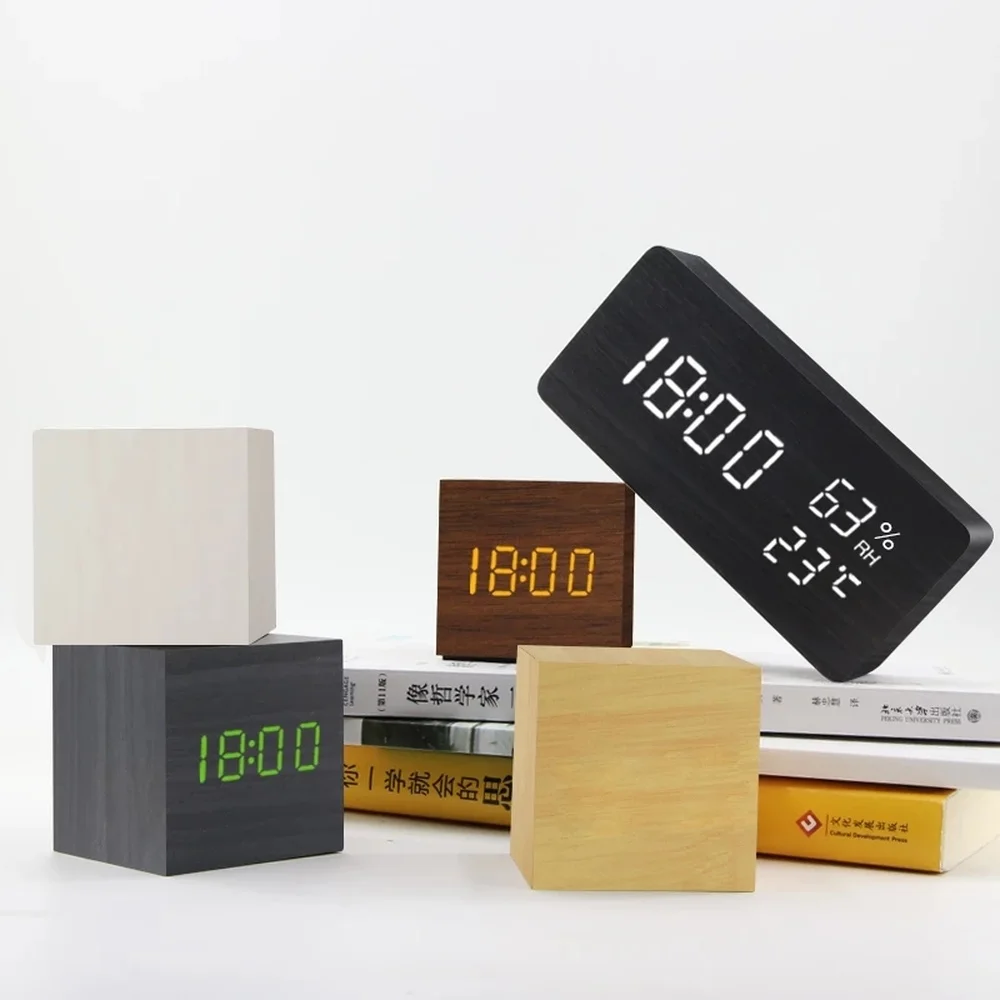 

Alarm Clock LED Wooden Digital Thermometer Voice Control Retro Glow Clock USB/AAA Powered Desktop Table Clock Home Decoration