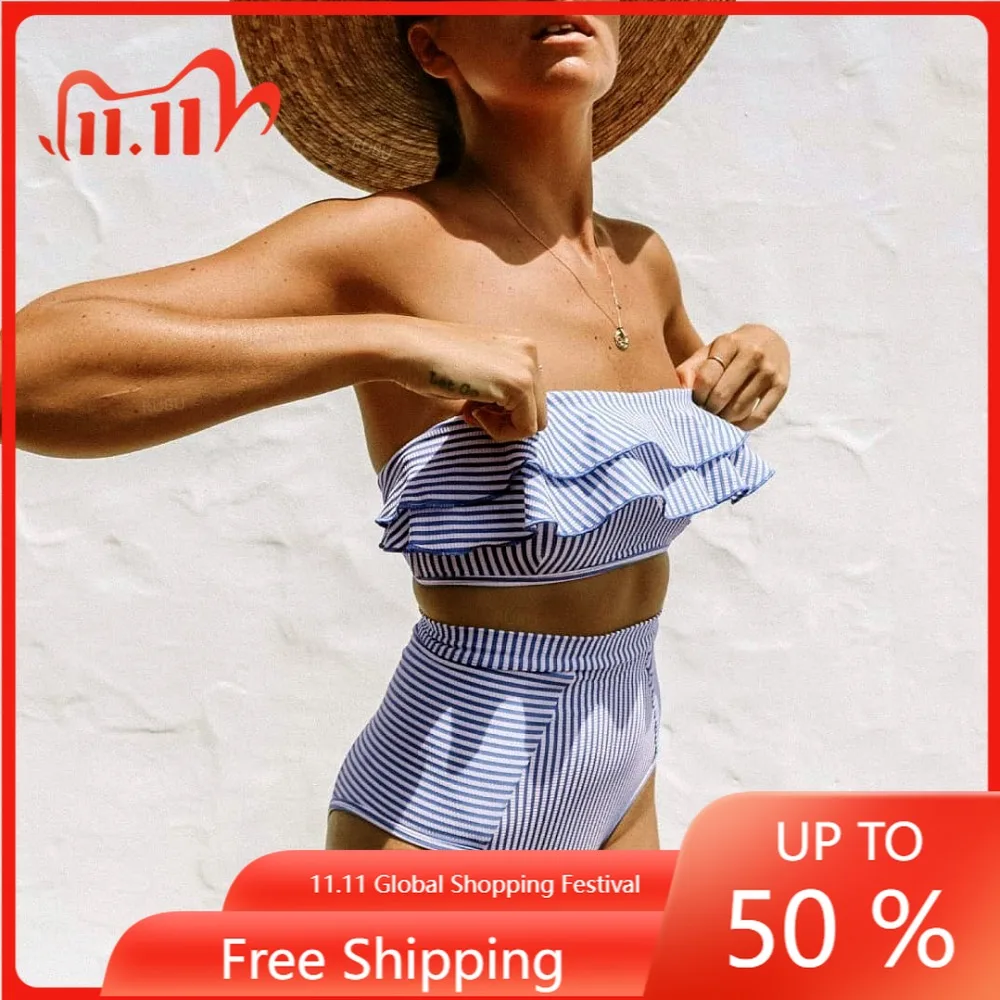 

Sexy Retro Blue White Striped Bandeau High Waist Bikini 2021 Lady Swimwear Women Swimsuit Female Ruffle Ruched Swim Bathing Suit