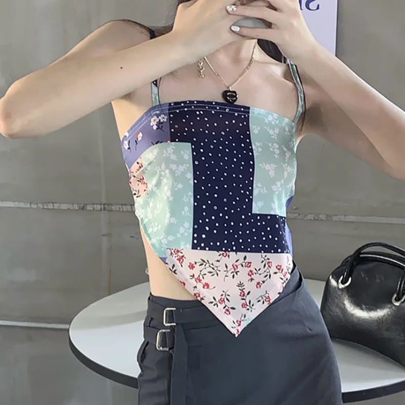 

Camisole Womens Patwork Backless Lacing Casual Sexy Tank Tops Female Sleeveless Slim Print Short Summer Fashion Cropped Feminino