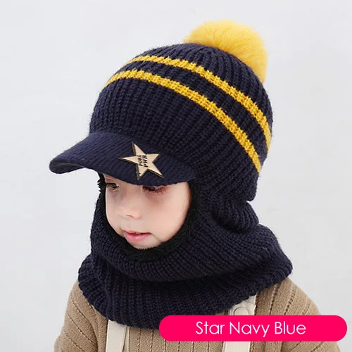 Navy Blue Зимняя детская шапка, шарф для девочек и мальчиков, вязаная шапка для младенцы, малыши, дети, теплая Милая модная Круглая Шапка со звездами, вязаная грелка для шеи 2-5 лет - Цвет: Navy Blue