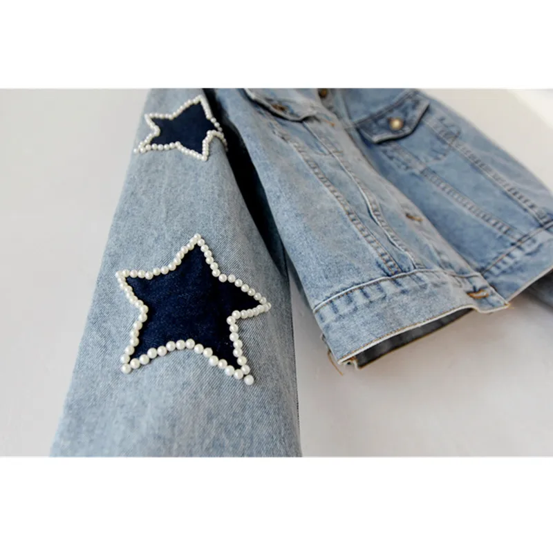 

Korean Fashion Beading Star Patch Design Jeans Jacket Women Big size Slim Casual Female Long sleeve Short Denim Coat Outerwear