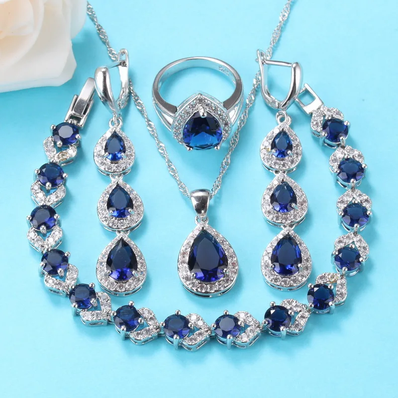 Продажа низкая цена синий сапфир 925 Серебро Капли Воды Ювелирные наборы с