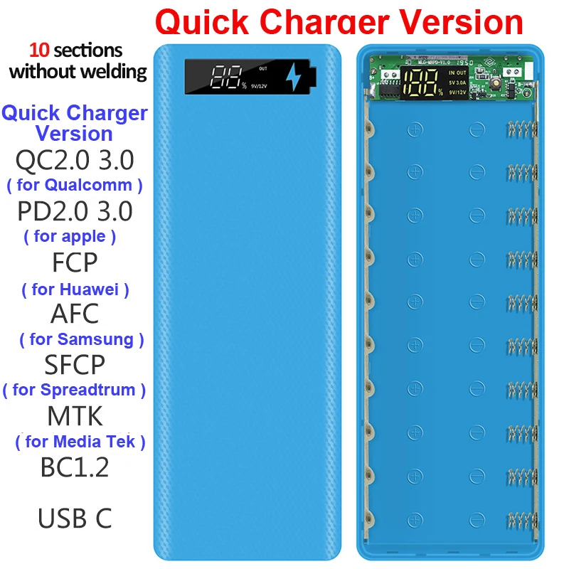 

Welding Free 10*18650 Battery Storage Box 2 USB Power Bank Case 5/12V DIY Shell 18650 Battery Holder Case PD QC 3.0 Quick Charge