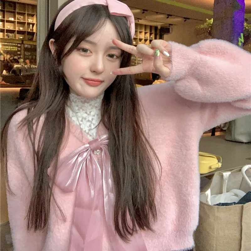 

Korean College Style Winter Sweet Girl Mink Cashmere Cardigan Vintage V-Neck Kawaii Bow Full Sleeve Single-breasted Pink Sweater