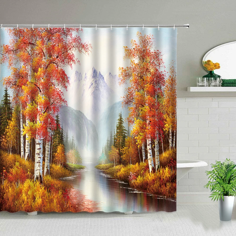 

Oil Painting Landscape Fabric Shower Curtains Dream Forest Rural Farm Trees Scenery Bathroom Curtain Set Bath Screen With Hooks