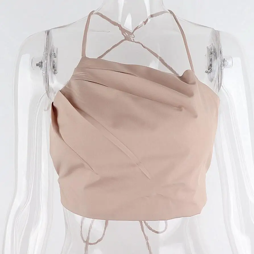 

Women's Strape Slash Neck Pleated Front Camis Solid Summer Sleeveless Crop Tops Sexy Streetwear Fashion Female Clothing