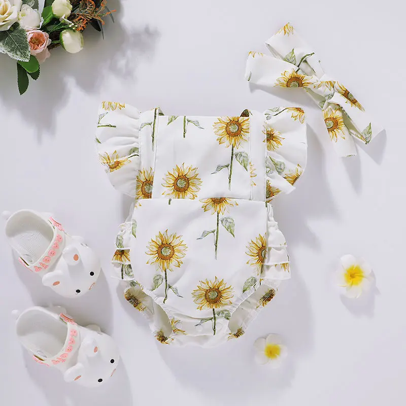 

New 2021 Infant Newborn Boys Girls Clothes Summer Short Sleeve Print Sunflower Bow Headdress Cute Baby Rompers Clothes Outfits