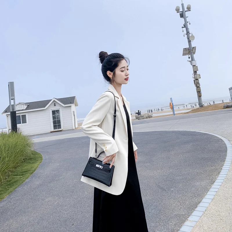 Женский однобортный офисный Блейзер пиджак в Корейском стиле с длинным рукавом