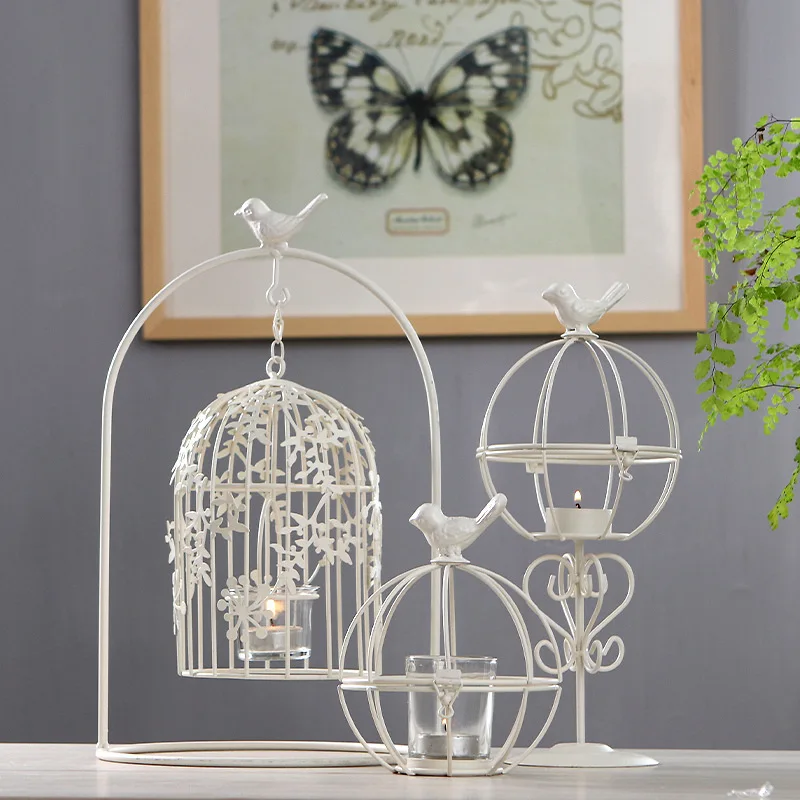 

Vintage Creative Candle Holder Living Room Set Metal Bird Cage White Candlestick Nordic Hollow Candelero Home Decor Large