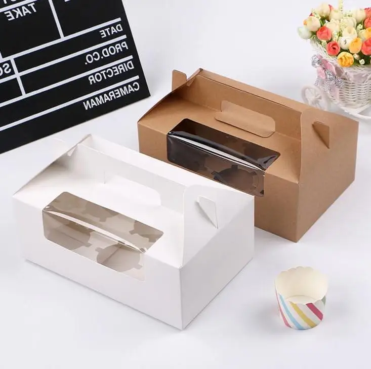 

300pcs/lot Brown/white 6 Cupcake Box Kraft Paper Cake Boxes and Packaging with Handle Wedding Gift Box Packaging Box Wholesale